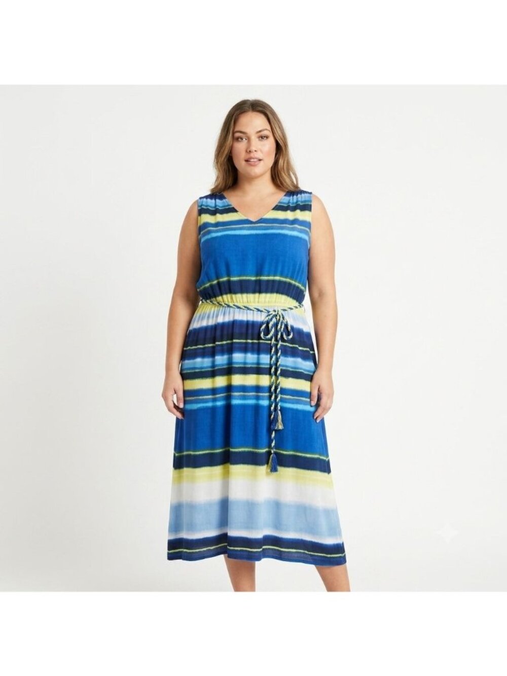 Chicos Blue Green Stripe Sleeveless Belted Midi Dress Women Size 4 US Size 2X 20